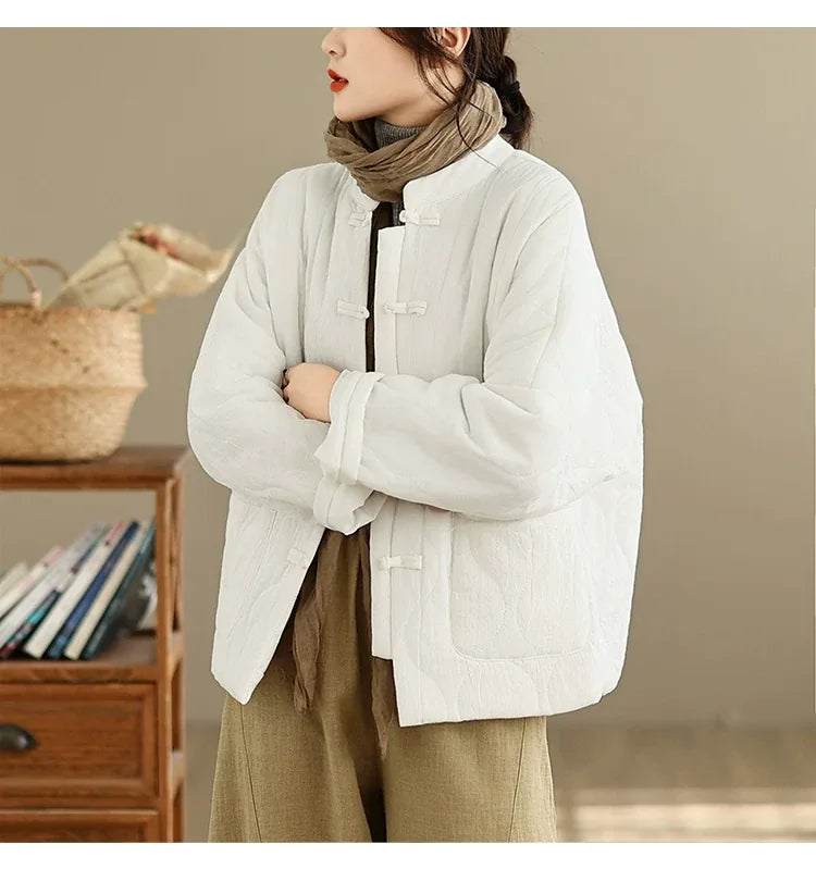 Retro Quilted Padded Jacket with Mandarin Collar and Frog Buttons