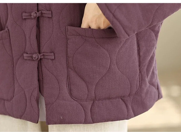 Retro Quilted Padded Jacket with Mandarin Collar and Frog Buttons
