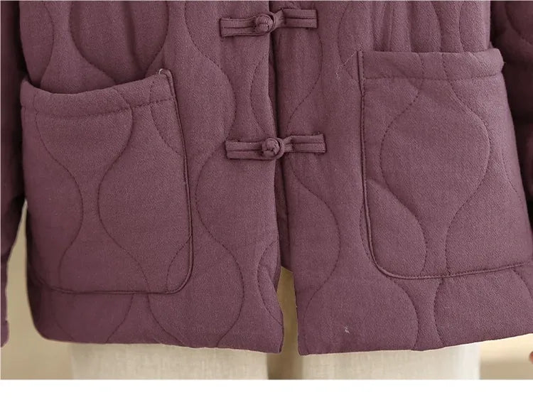 Retro Quilted Padded Jacket with Mandarin Collar and Frog Buttons