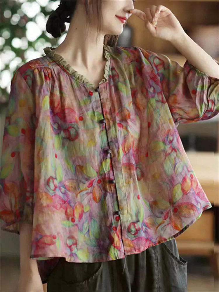 Retro Ruffle Edge Collar Printed Cotton Linen Blouse