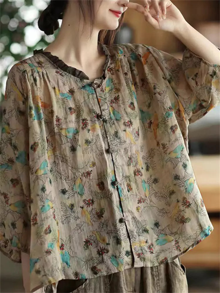 Retro Ruffle Edge Collar Printed Cotton Linen Blouse