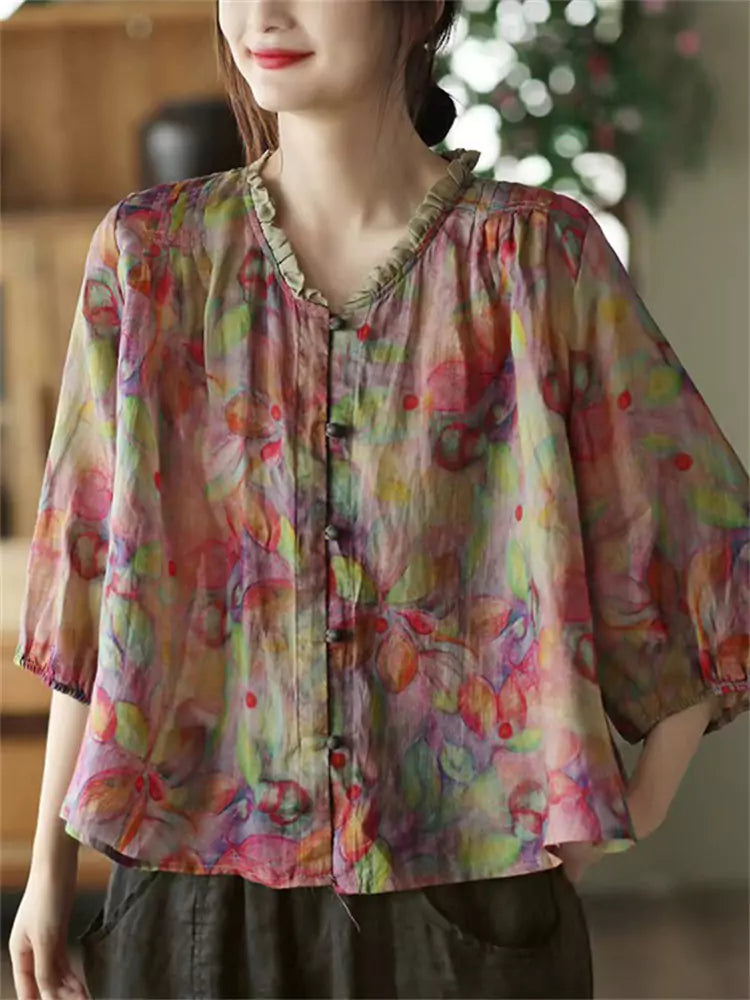 Retro Ruffle Edge Collar Printed Cotton Linen Blouse