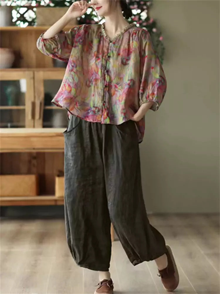 Retro Ruffle Edge Collar Printed Cotton Linen Blouse
