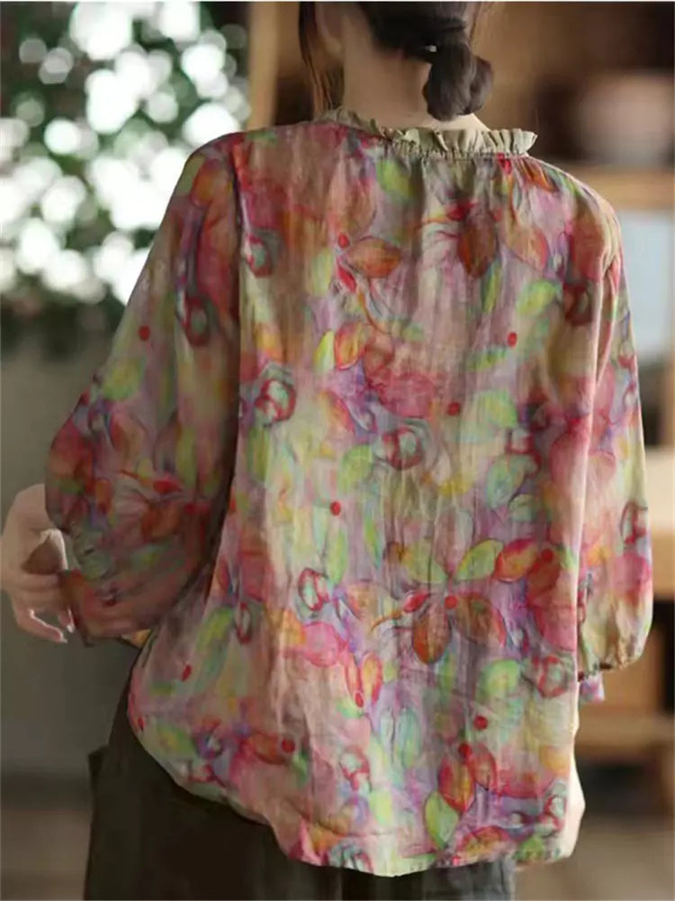 Retro Ruffle Edge Collar Printed Cotton Linen Blouse