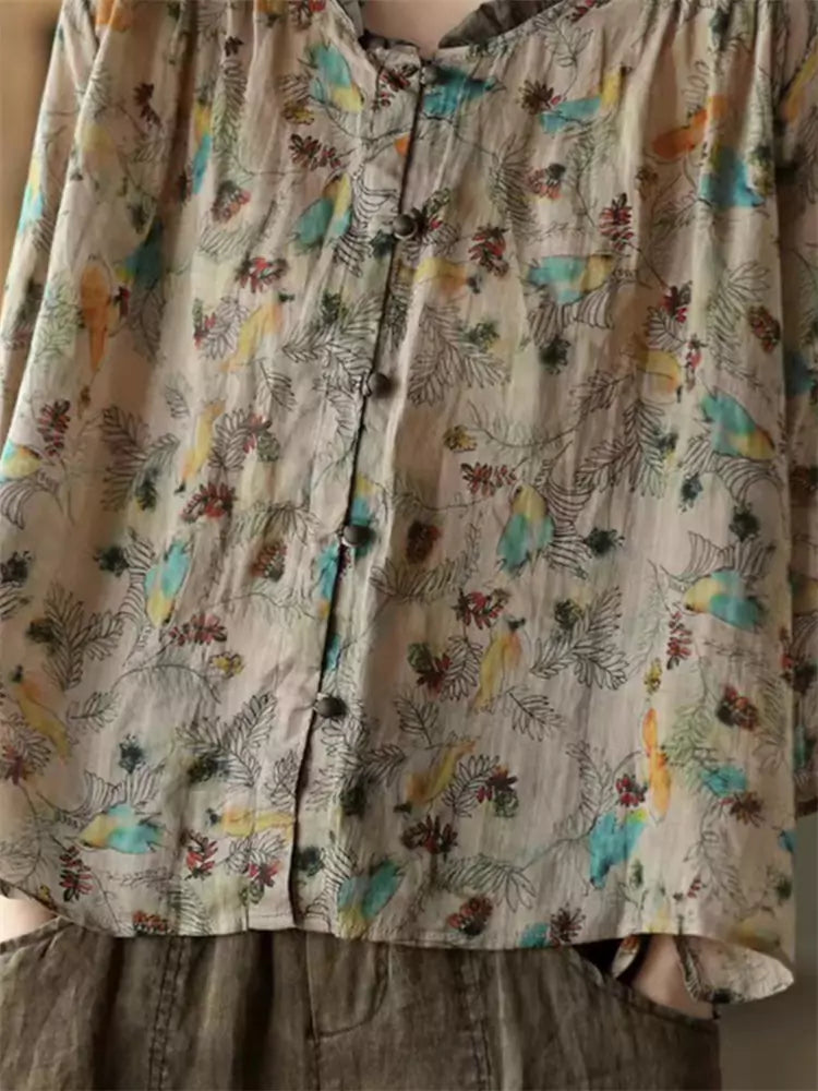 Retro Ruffle Edge Collar Printed Cotton Linen Blouse