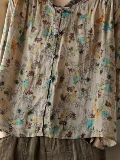 Retro-Bluse aus bedrucktem Baumwoll-Leinen-Mischgewebe mit Rüschenkragen