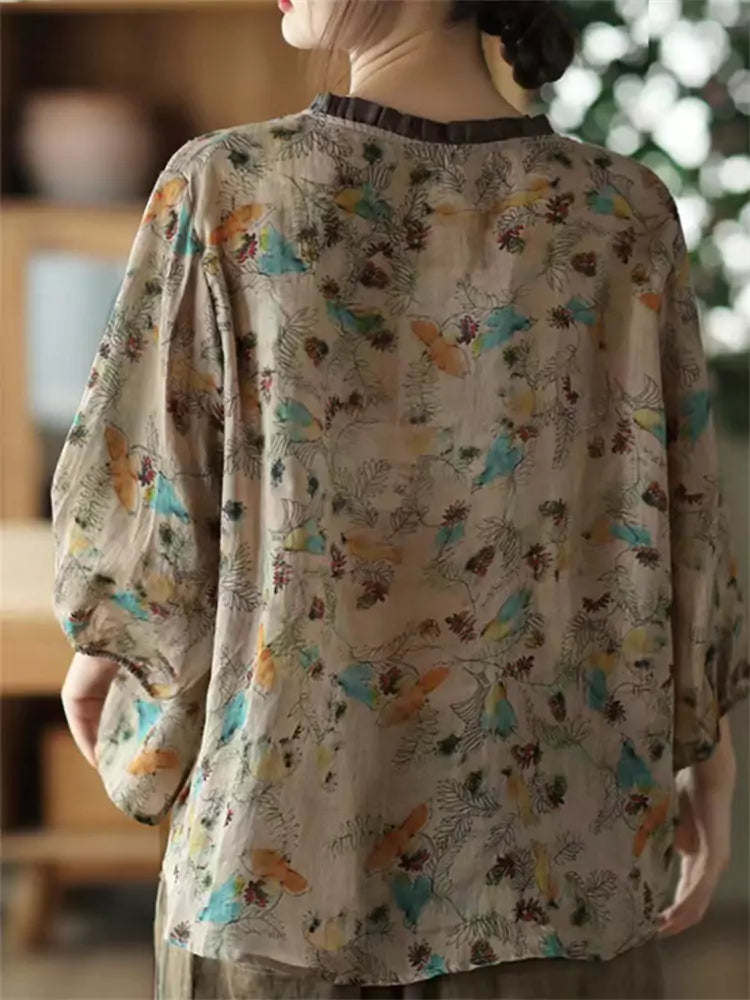 Retro Ruffle Edge Collar Printed Cotton Linen Blouse