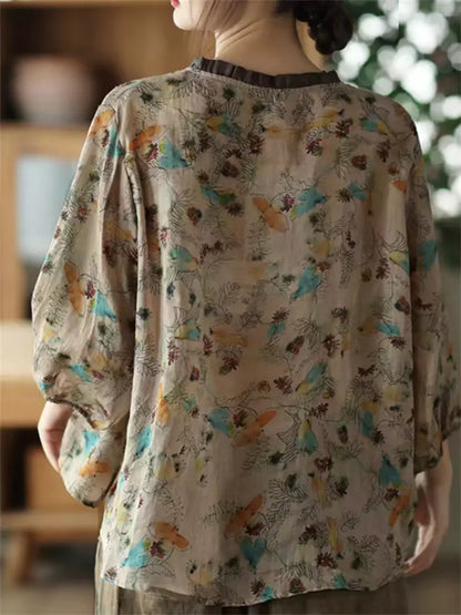 Retro-Bluse aus bedrucktem Baumwoll-Leinen-Mischgewebe mit Rüschenkragen