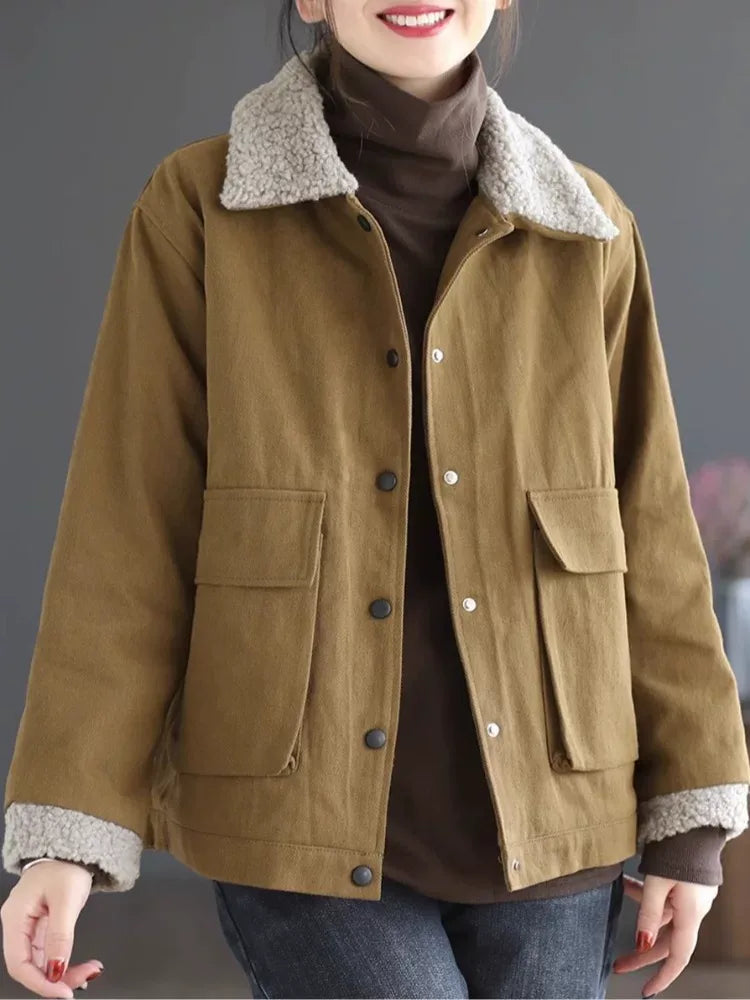 Retro Sherpa Collar Padded Jacket with Patch Pockets