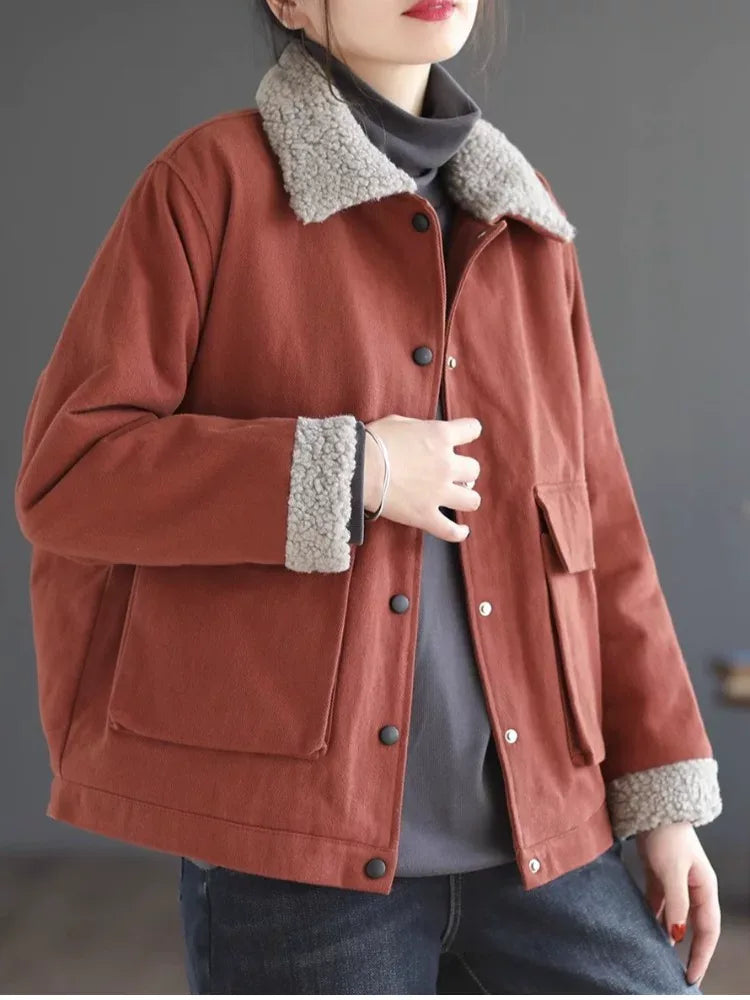 Retro Sherpa Collar Padded Jacket with Patch Pockets