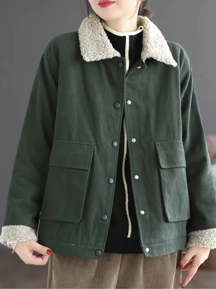 Retro Sherpa Collar Padded Jacket with Patch Pockets