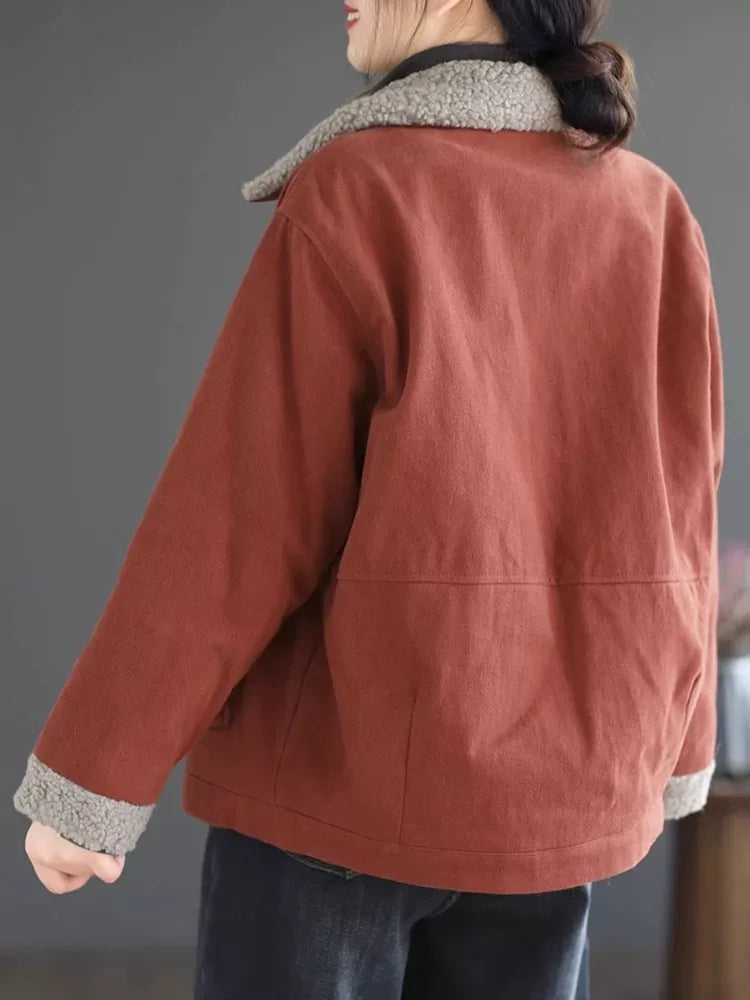 Retro Sherpa Collar Padded Jacket with Patch Pockets