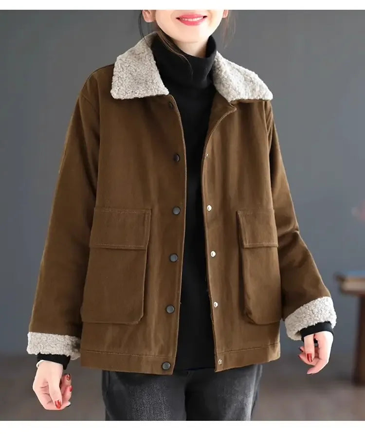 Retro Sherpa Collar Padded Jacket with Patch Pockets
