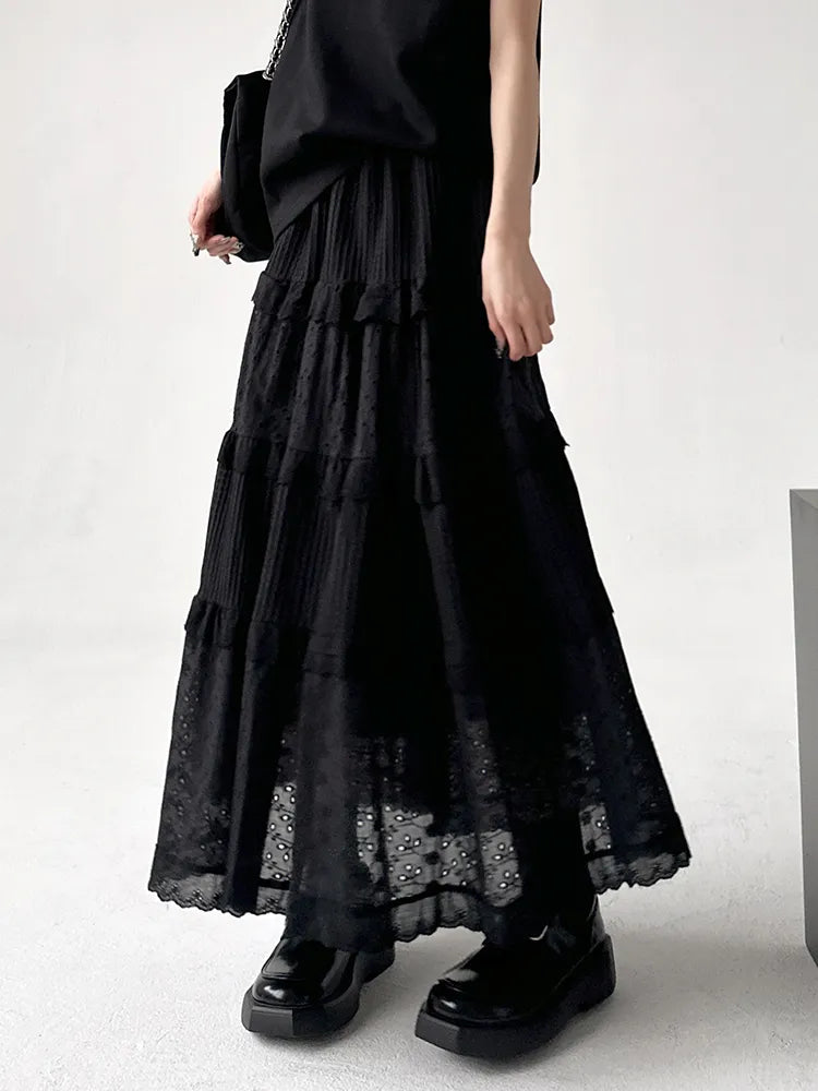 Retro Smocked Lace A-line Skirt