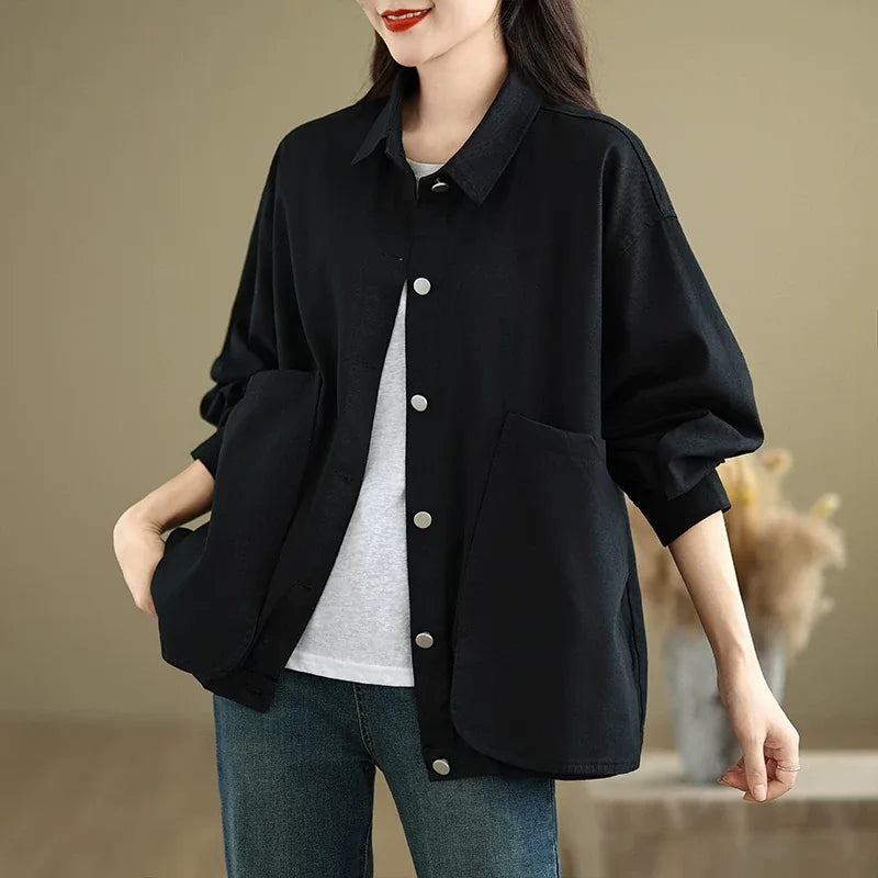 Retro Snap Button Patch Pocket Cotton Twill Shirt - Cream