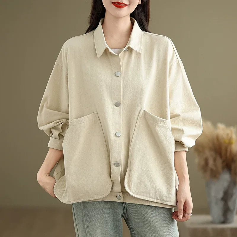 Retro Snap Button Patch Pocket Cotton Twill Shirt - Dusty Pink