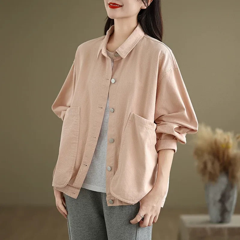 Retro Snap Button Patch Pocket Cotton Twill Shirt - Khaki