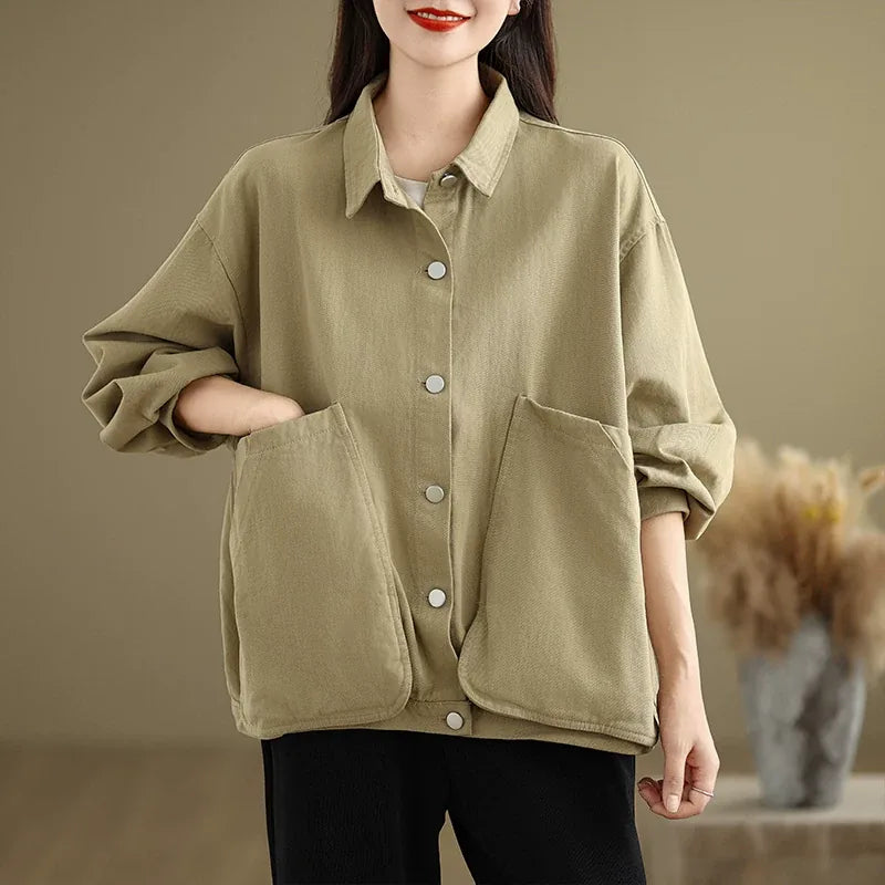 Retro Snap Button Patch Pocket Cotton Twill Shirt - Black
