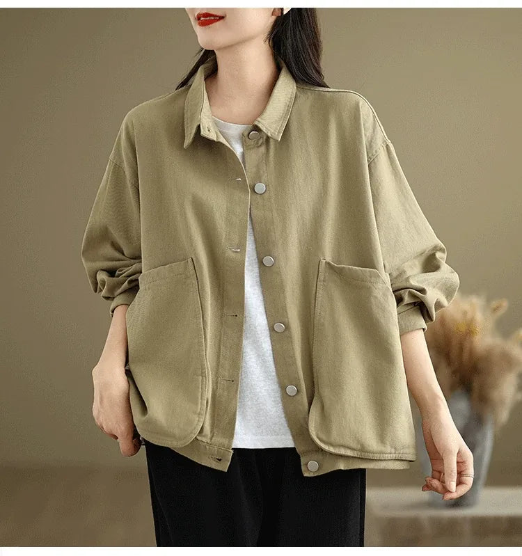 Retro Snap Button Patch Pocket Cotton Twill Shirt