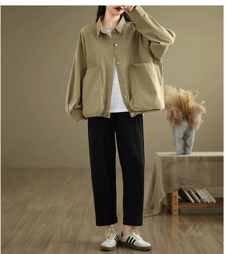 Retro Snap Button Patch Pocket Cotton Twill Shirt