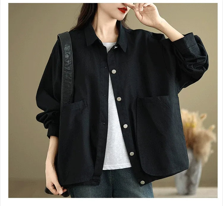 Retro Snap Button Patch Pocket Cotton Twill Shirt