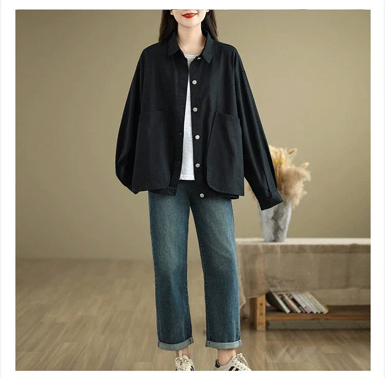Retro Snap Button Patch Pocket Cotton Twill Shirt