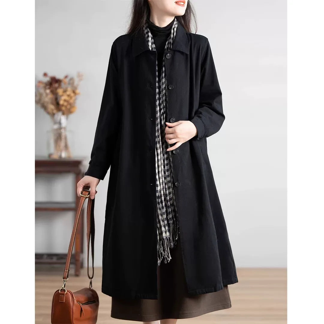 Retro Solid Color Shirt Collar Midi Coat