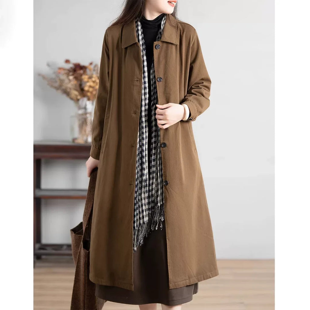 Retro Solid Color Shirt Collar Midi Coat
