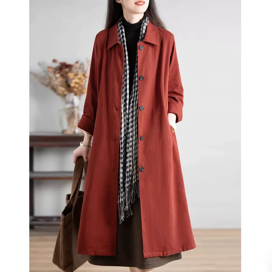 Retro Solid Color Shirt Collar Midi Coat