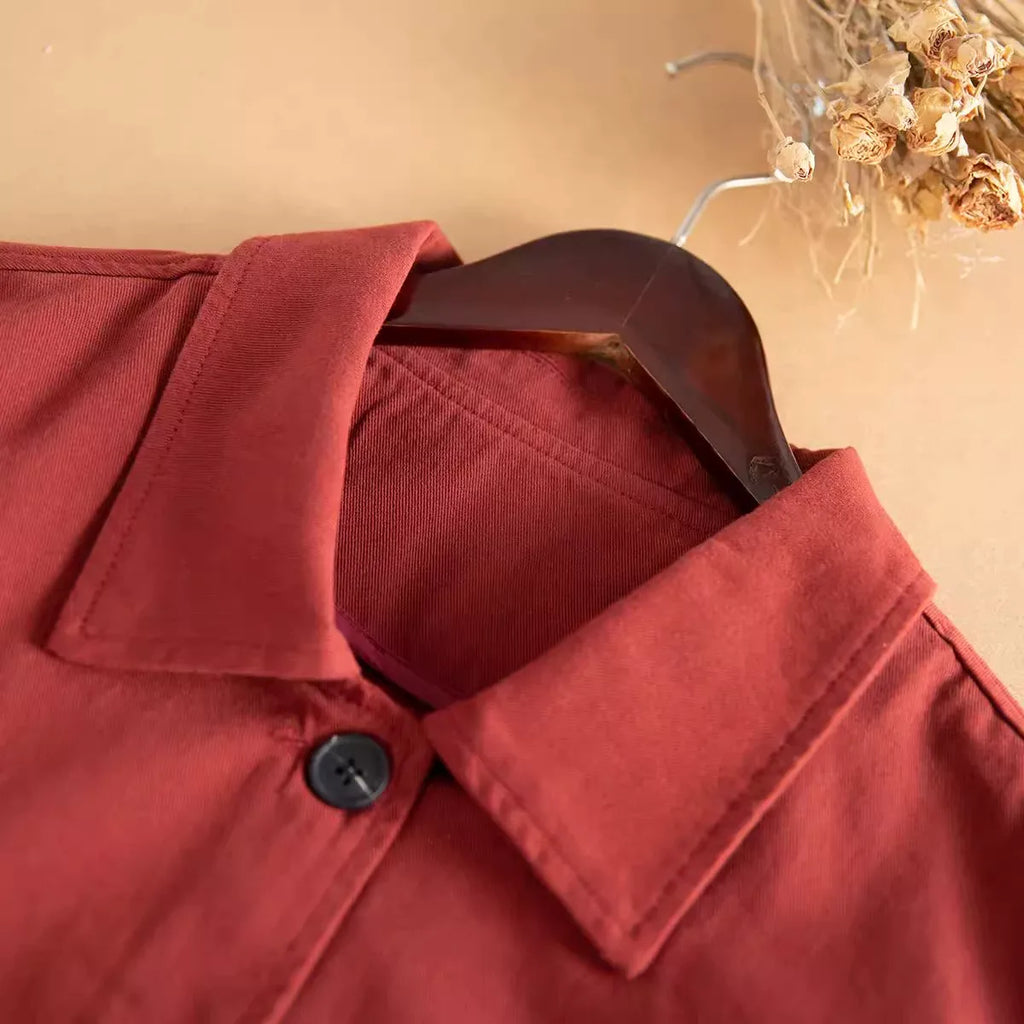 Retro Solid Color Shirt Collar Midi Coat