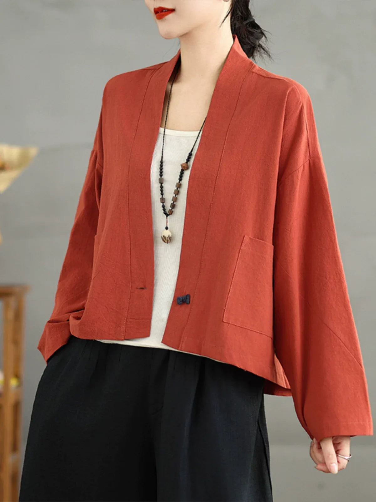Retro Stand Collar Patch Pocket Long Sleeve Shirt