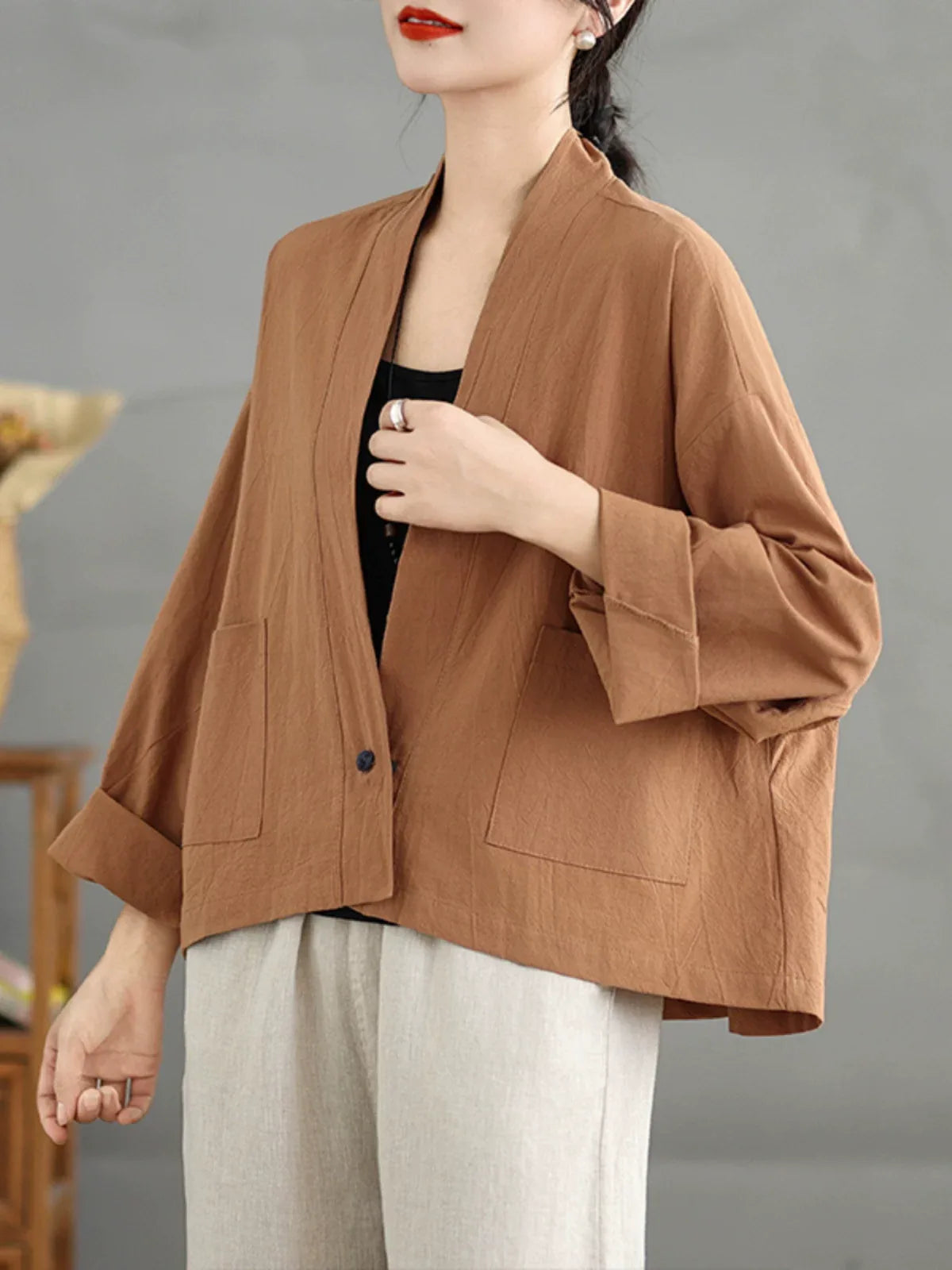 Retro Stand Collar Patch Pocket Long Sleeve Shirt