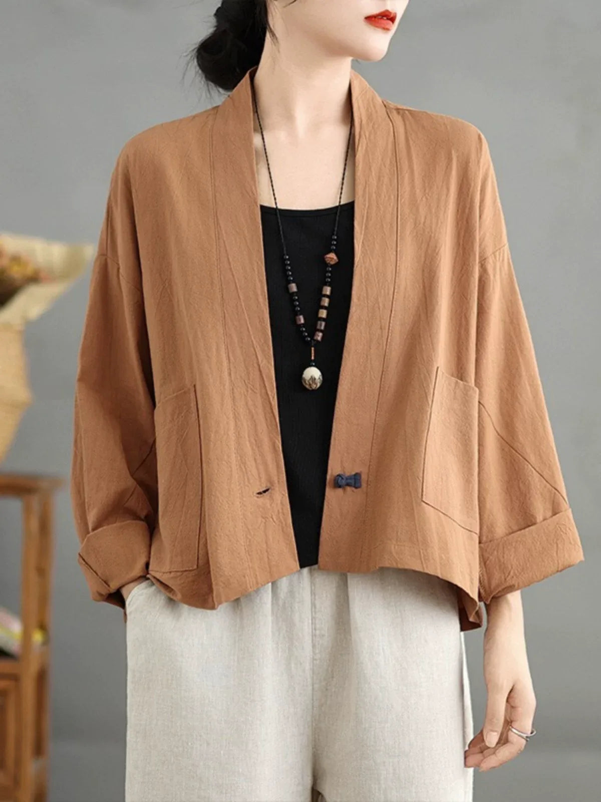 Retro Stand Collar Patch Pocket Long Sleeve Shirt
