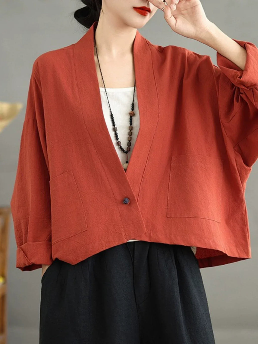 Retro Stand Collar Patch Pocket Long Sleeve Shirt