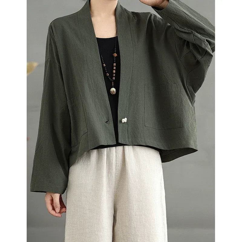 Retro Stand Collar Patch Pocket Long Sleeve Shirt