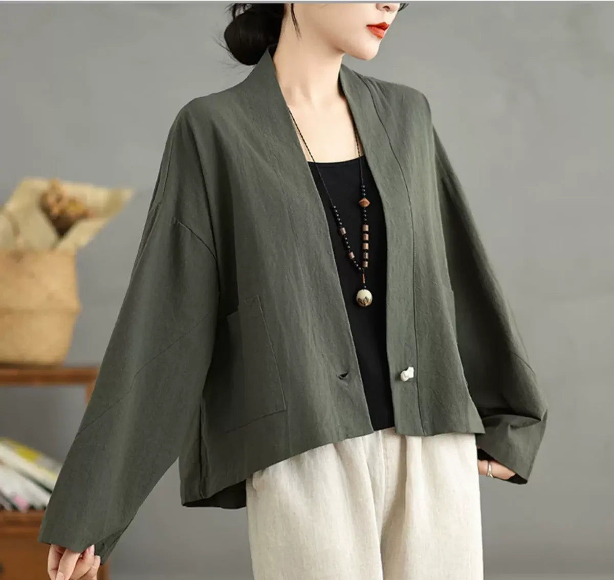 Retro Stand Collar Patch Pocket Long Sleeve Shirt