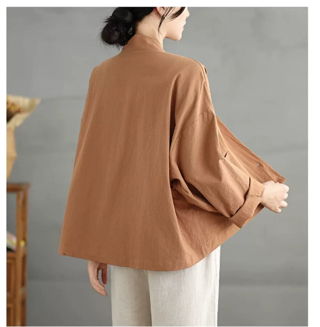 Retro Stand Collar Patch Pocket Long Sleeve Shirt