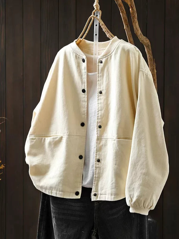 Retro Stand Collar Snap Button Patch Pocket Jacket