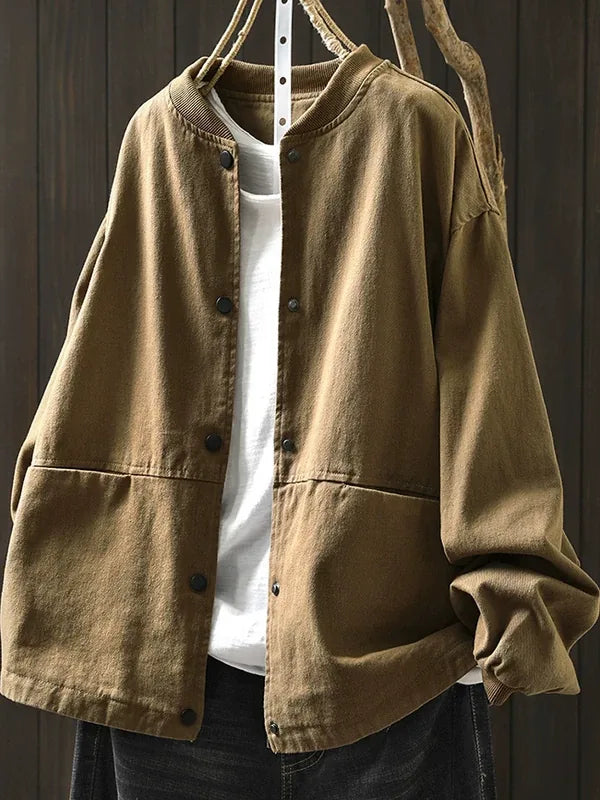 Retro Stand Collar Snap Button Patch Pocket Jacket