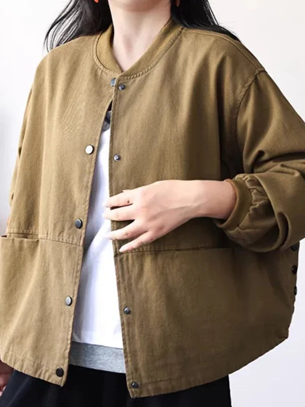 Retro Stand Collar Snap Button Patch Pocket Jacket