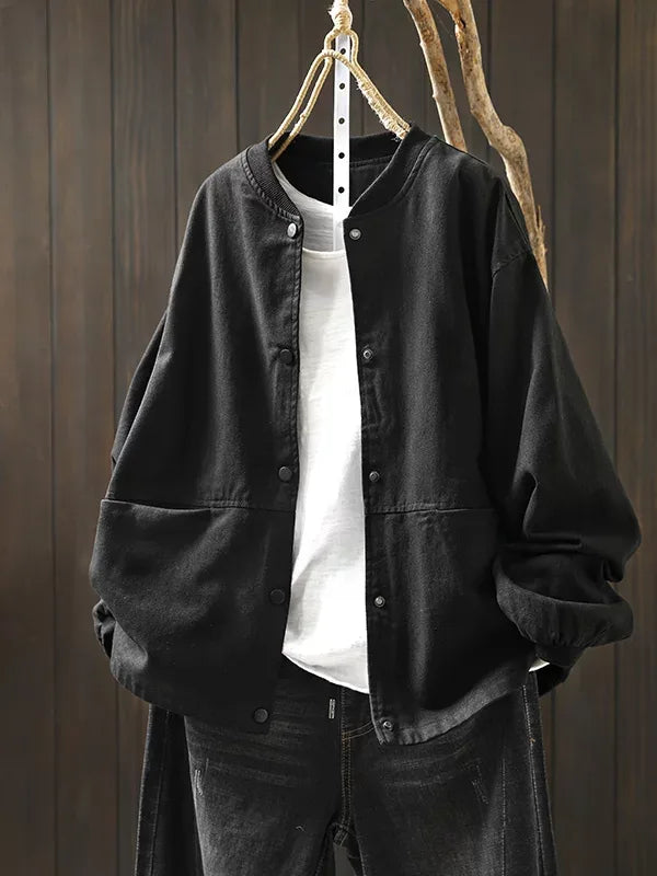Retro Stand Collar Snap Button Patch Pocket Jacket
