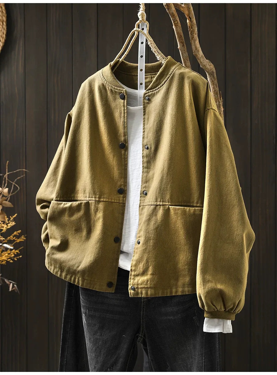 Retro Stand Collar Snap Button Patch Pocket Jacket