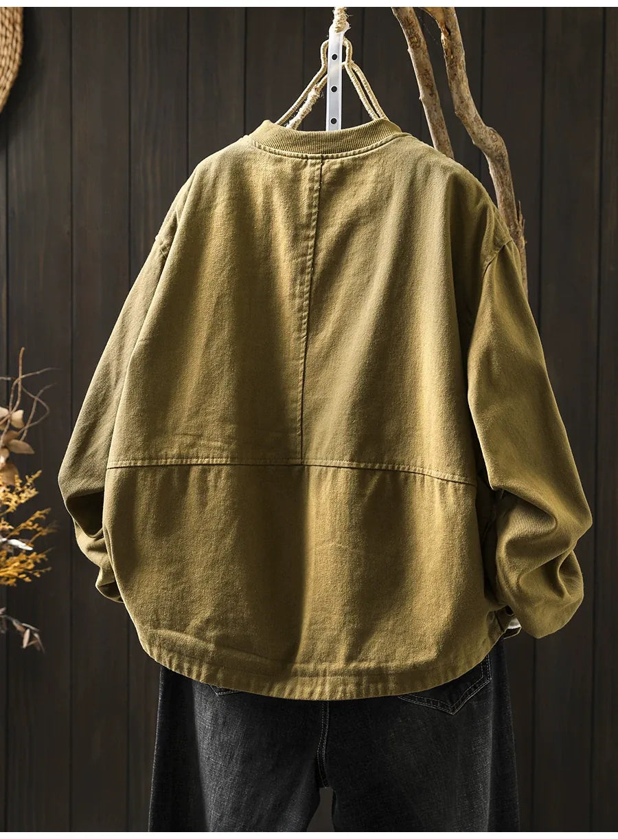Retro Stand Collar Snap Button Patch Pocket Jacket