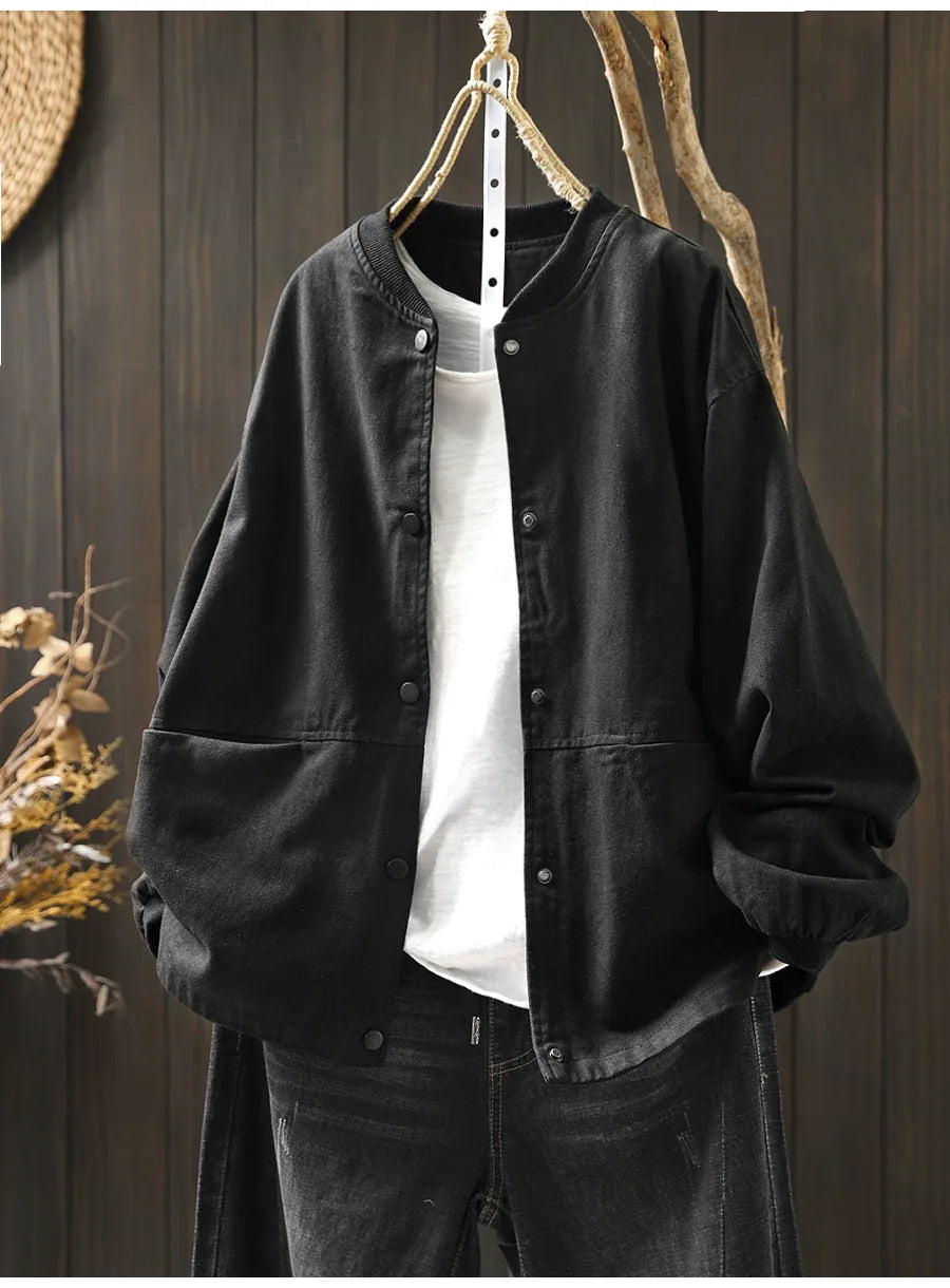 Retro Stand Collar Snap Button Patch Pocket Jacket