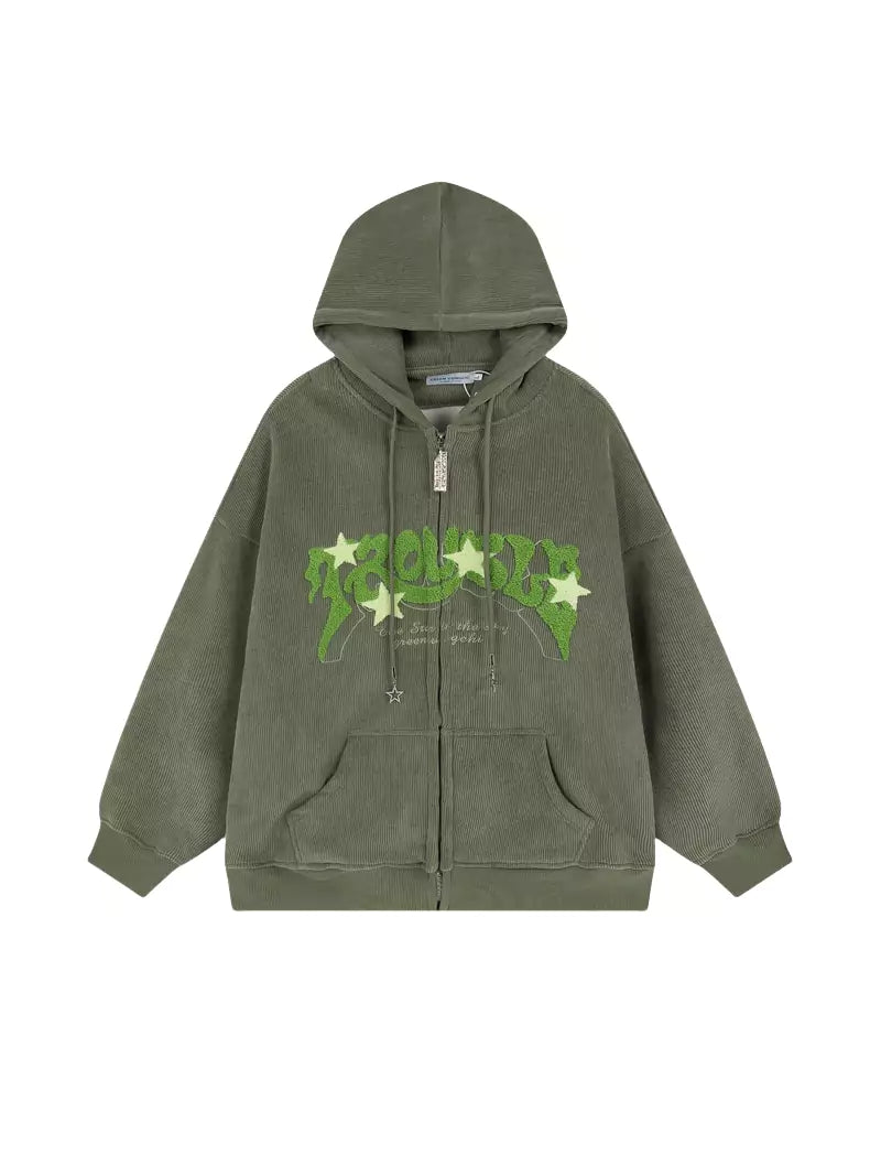 Retro Star-Patterned Corduroy Zip Up Hoodie