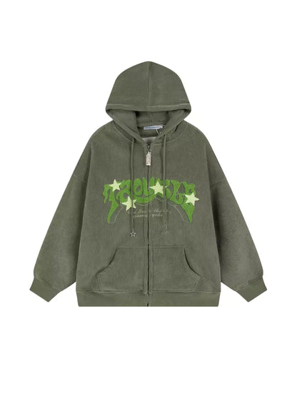 Sudadera con capucha y cremallera de pana con estampado de estrellas retro