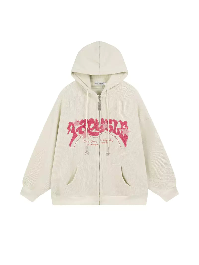 Retro Star-Patterned Corduroy Zip Up Hoodie