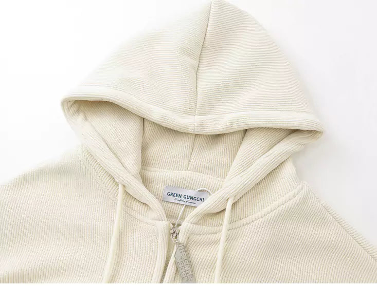 Retro Star-Patterned Corduroy Zip Up Hoodie