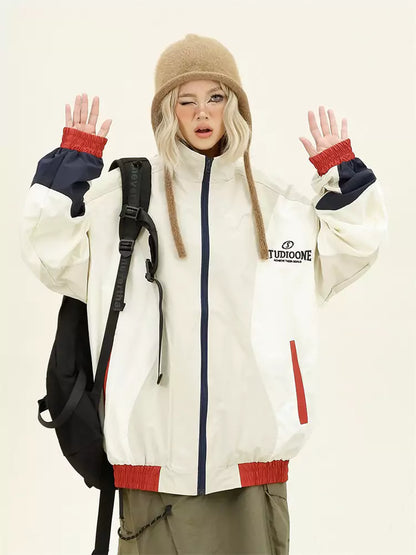 Retro Streetwear Damen Windbreaker-Jacke mit Farbblockmuster