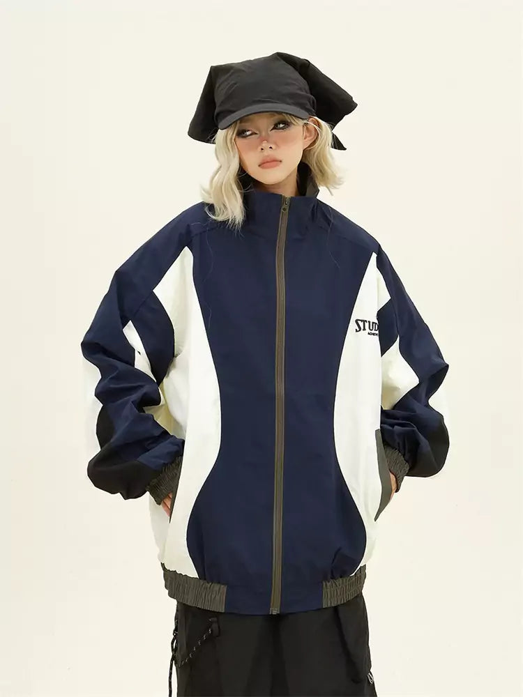 Retro Streetwear Damen Windbreaker-Jacke mit Farbblockmuster